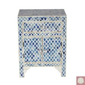 Handmade Bone Inlay Mughal Pattern Wooden Modern 1 Drawer and 2 Door Bedside Furniture