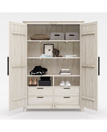 Handmade Calistoga Handcarved Weathered Solid Wood Large White Wardrobe Almirah Furniture