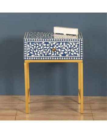 Handmade Bone Inlay Floral Pattern Iron Legs Bedside Table