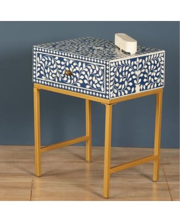 Handmade Bone Inlay Floral Pattern Iron Legs Bedside Table