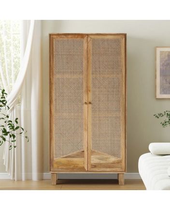 Handmade Porirua Solid Wood 4 Tier Almirah with Rattan Doors Furniture