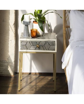 Handmade Bone Inlay Iron Legs Stripe Design Bedside