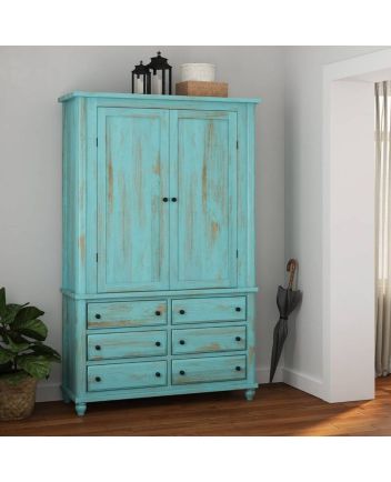 Handmade Victorian Turquoise Mango Wood Clothing Almirah Wardrobe With Drawers Furniture