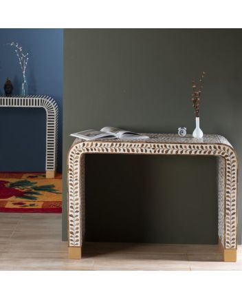Handmade Teak Wood Floral Design Resin Console table
