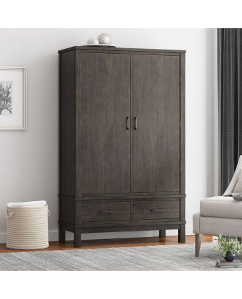 Handmade El Dorado Mahogany Wood Gray Wardrobe Almirah with 2 Drawers Furniture