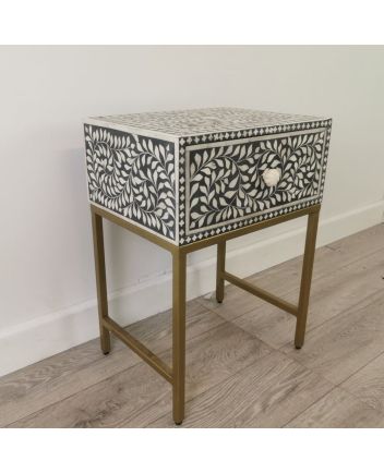 Handmade Bone Inlay Iron Legs Floral Design Bedside