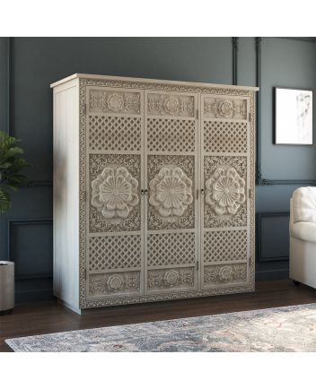 Handmade Nuala Hand Carved Solid Wood 64” Large White Wardrobe Almirah Furniture