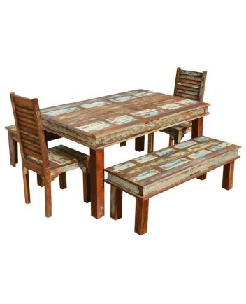 Handmade Rustic Solid Reclaimed Wooden Dining Table and Chair Set