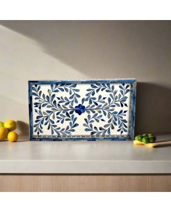 Handmade Blue Bone Inlay Floral Pattern Serving Tray