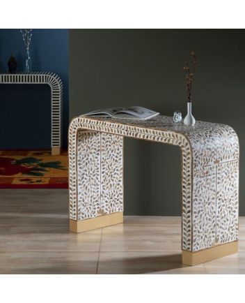 Handmade Teak Wood Floral Design Resin Console table