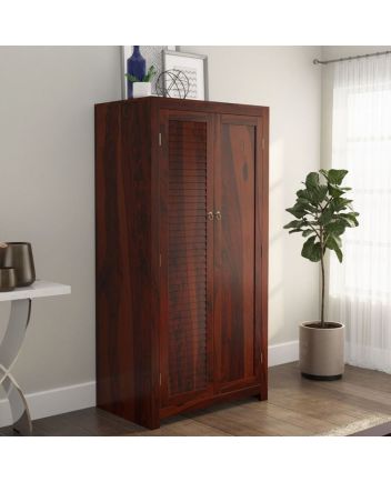 Handcrafted Celoron Louvered Door Solid Wood Wardrobe Almirah w Removable Shelves  Furniture