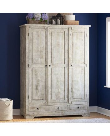 Handmade Ojai Distressed Whitewashed Solid Wood Tall Almirah Wardrobe Furniture