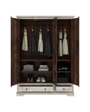 Handmade Ojai Distressed Whitewashed Solid Wood Tall Almirah Wardrobe Furniture