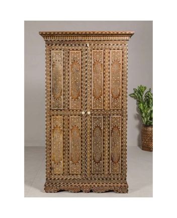 Unique Bone Inlay Teak Wood Almirah - Handcrafted Storage Cabinet