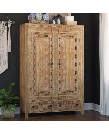 Handmade Waukesha Moroccan Style Teak Solid Wood Large Almirah with Hanging Rod Furniture