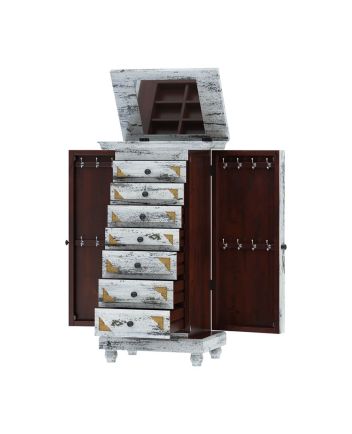 Handcrafted Tudor Brass Inlay And Distressed Solid Mango Wood Jewelry Almirah Furniture