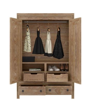 Handmade Waukesha Moroccan Style Teak Solid Wood Large Almirah with Hanging Rod Furniture