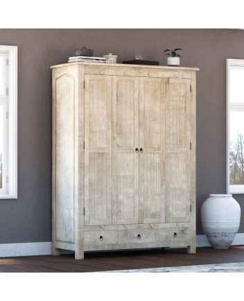 Handmade Mission Mango Solid Wood Distressed White Large Clothing Almirah Furniture
