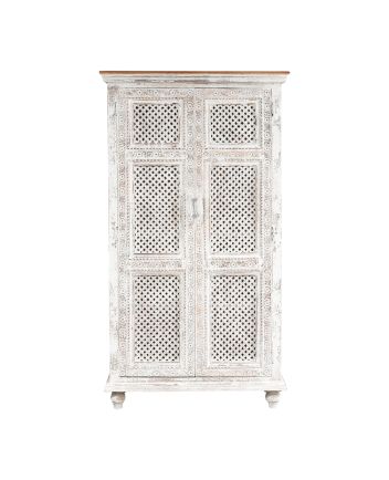 Handmade Shasta Distressed White Solid Wood Hand Carved 2 Door Antique Almirah