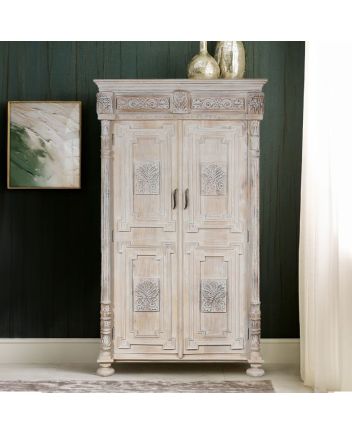 Handmade Keene Country Weathered White Solid Wood 2 Door Hand Carved Almirah Sideboard