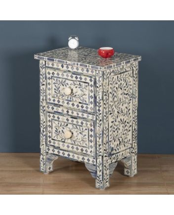 Handmade Blue Bone Inlay Floral Pattern Bedside Furniture