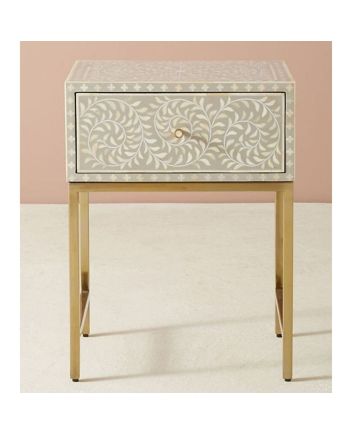 Handmade Bone Inlay Iron Legs Floral Design Bedside