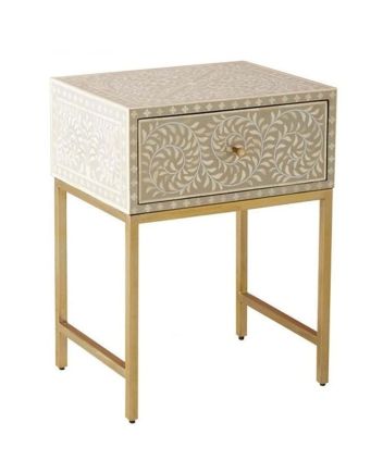 Handmade Bone Inlay Iron Legs Floral Design Bedside