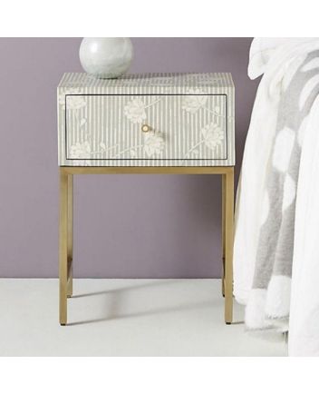 Handmade Bone Inlay Iron Legs Floral Design Bedside