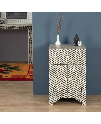 Handmade Bone Inlay Zig-Zag Pattern Bedside Furniture