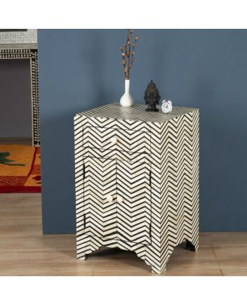 Handmade Bone Inlay Zig-Zag Pattern Bedside Furniture