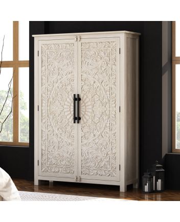 Handmade Calistoga Handcarved Weathered Solid Wood Large White Wardrobe Almirah Furniture