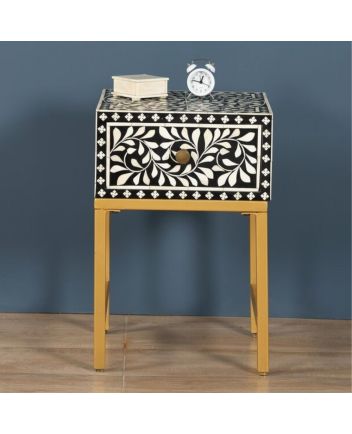 Handmade Bone Inlay Floral Pattern Iron Legs Bedside Table