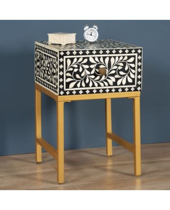 Handmade Bone Inlay Floral Pattern Iron Legs Bedside Table