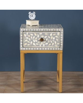 Handmade Bone Inlay Floral Pattern Iron Legs Bedside Table