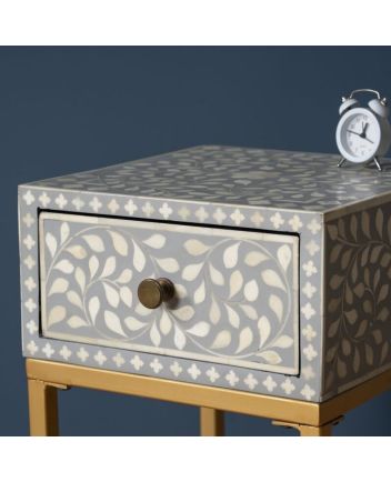 Handmade Bone Inlay Floral Pattern Iron Legs Bedside Table