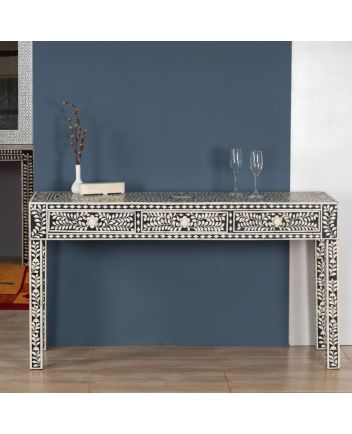 Handmade Bone Inlay 3 Drawers Floral Design Console Table